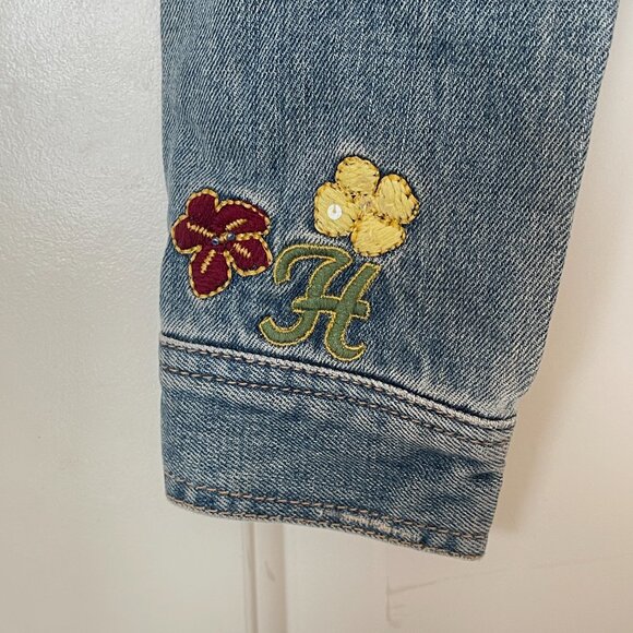 Hollister Cali Denim Jean Jacket Medium Tropical Palm Tree Flowers Embellished - Picture 6 of 9